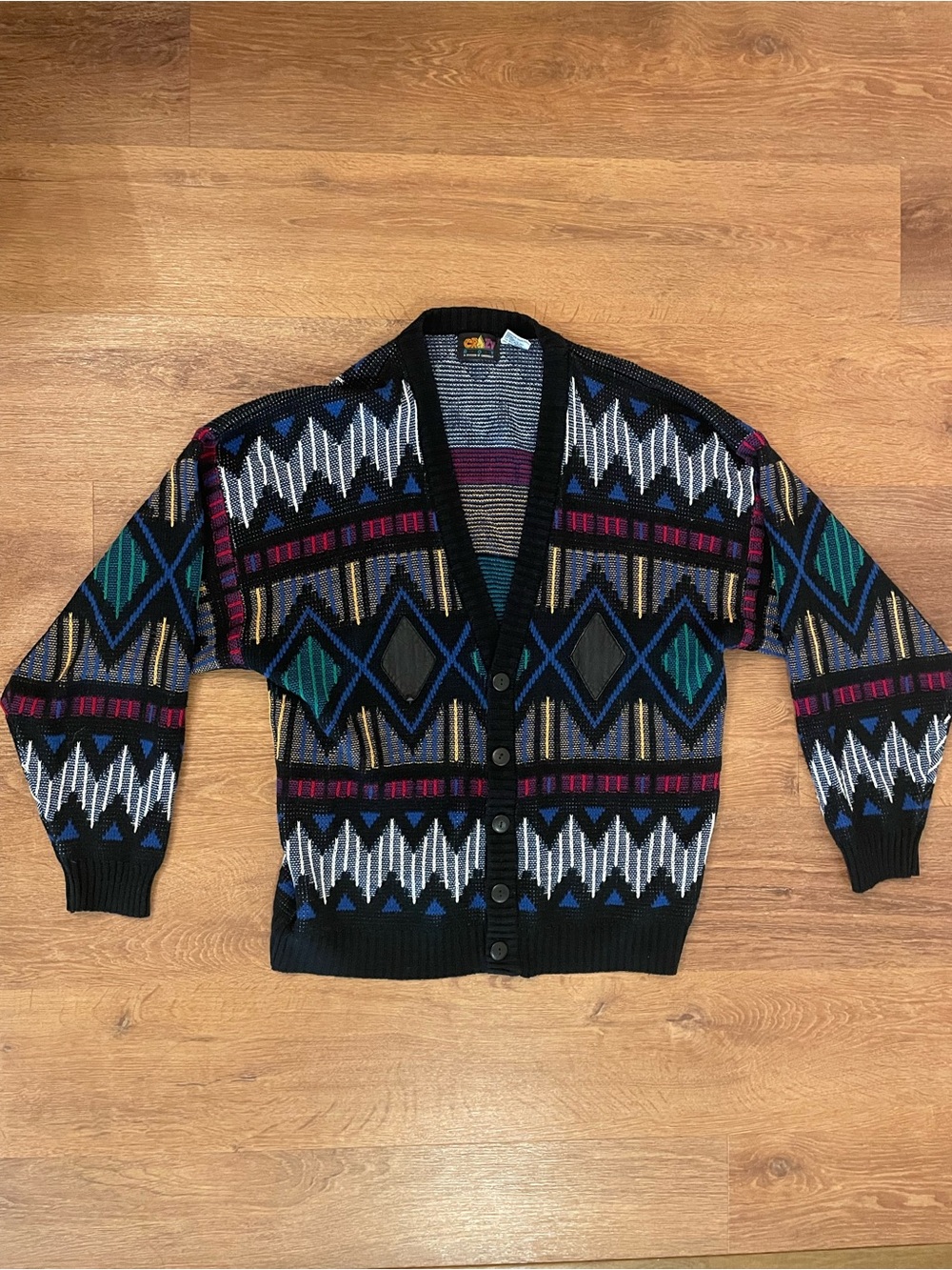 Vintage 80s/90s Men’s L Geometric Grandpa Sweater Knit Cardigan